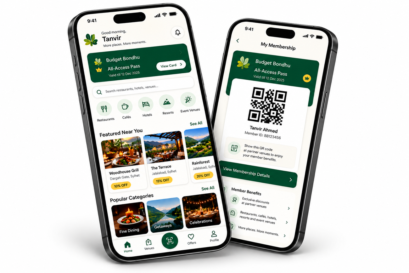 Budget Bondhu app — home screen and membership QR code